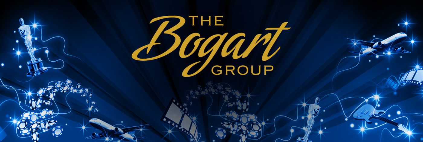 text The Bogart Group with a background of  airplanes, film stripes, Oscar statute, guitar